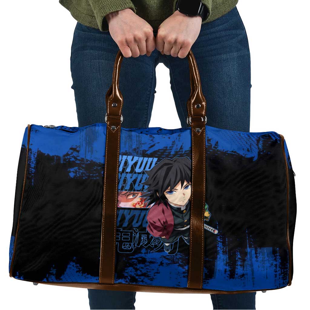 Giyu Tomioka Demon Slayer Blue Grunge Design Travel Bag with Intense Eyes and Sword Stance - The Mazicc