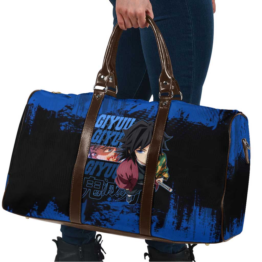 Giyu Tomioka Demon Slayer Blue Grunge Design Travel Bag with Intense Eyes and Sword Stance - The Mazicc