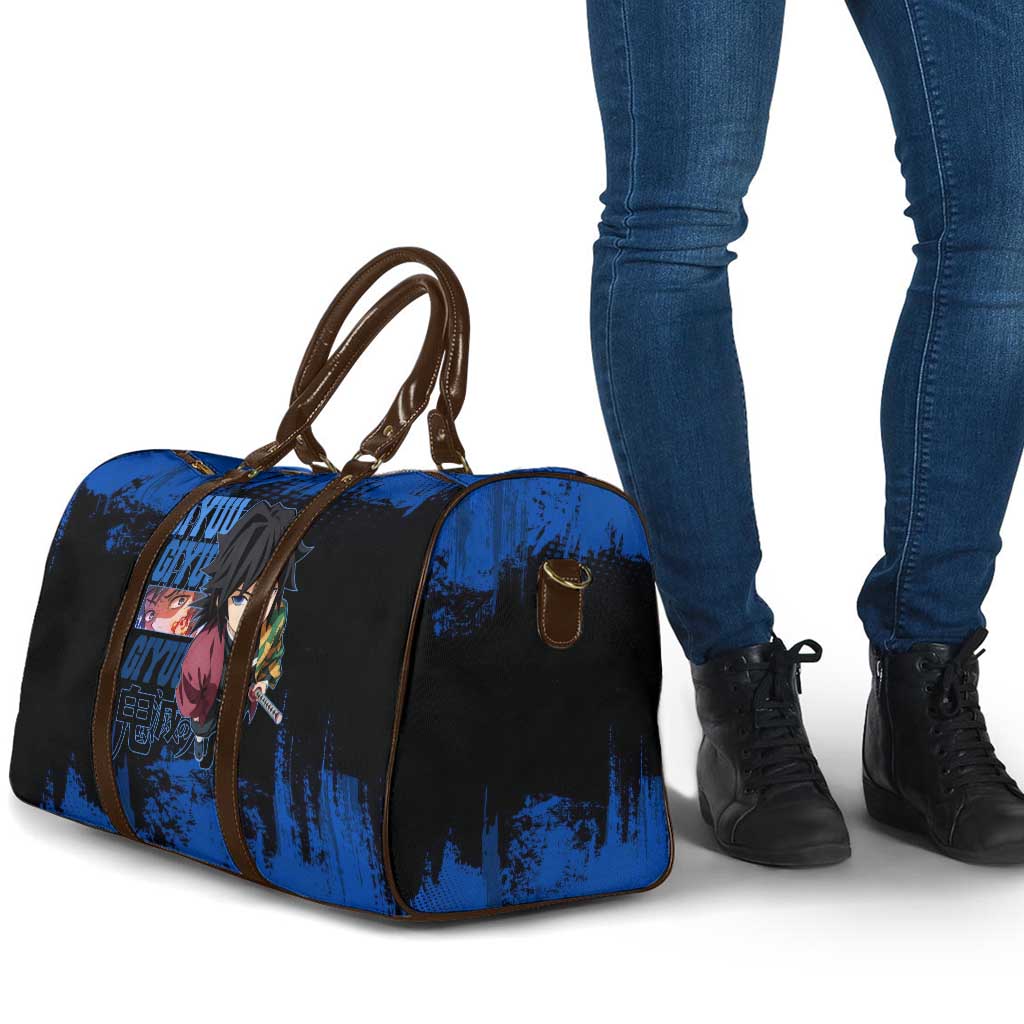 Giyu Tomioka Demon Slayer Blue Grunge Design Travel Bag with Intense Eyes and Sword Stance - The Mazicc