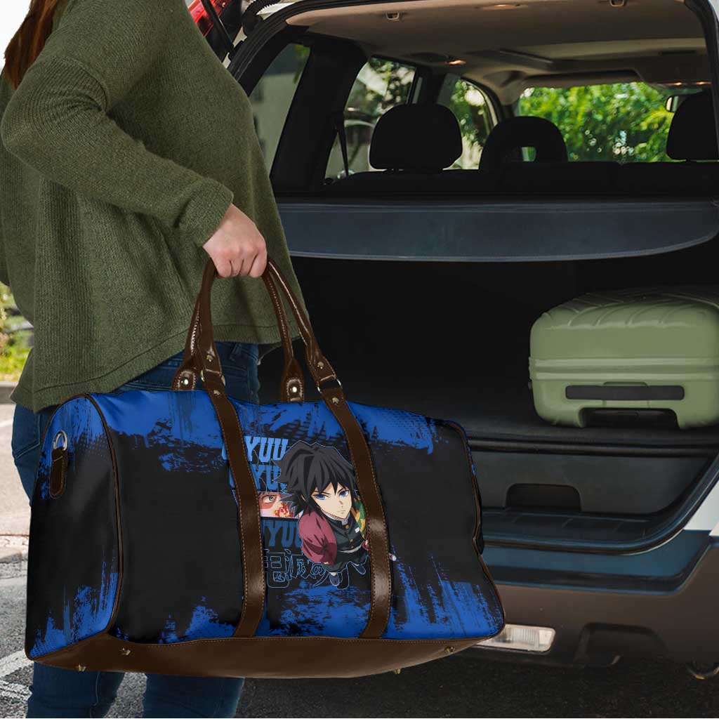 Giyu Tomioka Demon Slayer Blue Grunge Design Travel Bag with Intense Eyes and Sword Stance - The Mazicc