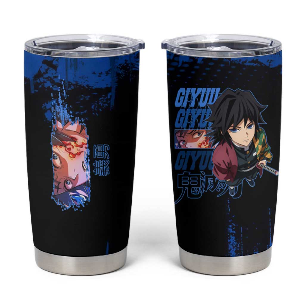 Giyu Tomioka Demon Slayer Blue Grunge Design Tumbler Cup with Intense Eyes and Sword Stance - The Mazicc