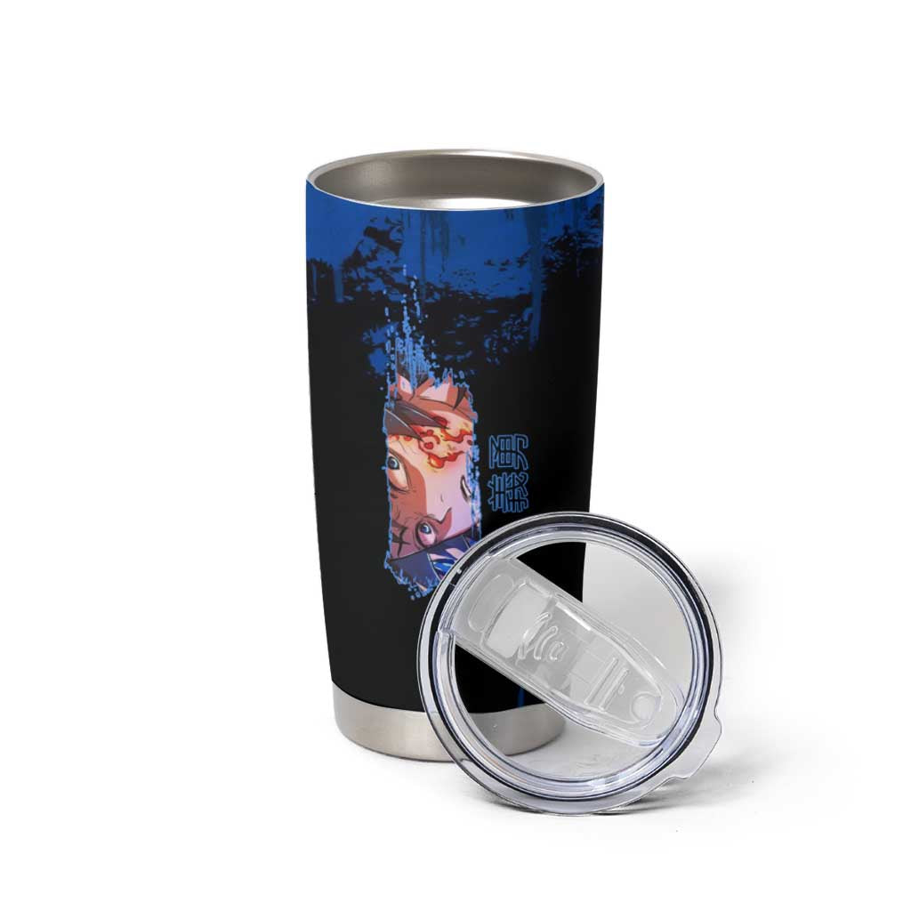 Giyu Tomioka Demon Slayer Blue Grunge Design Tumbler Cup with Intense Eyes and Sword Stance - The Mazicc