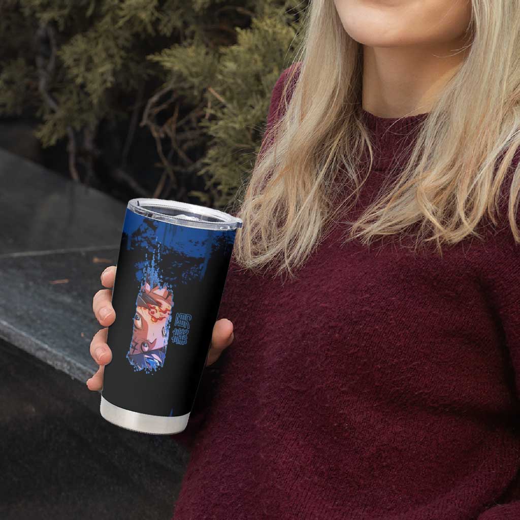 Giyu Tomioka Demon Slayer Blue Grunge Design Tumbler Cup with Intense Eyes and Sword Stance - The Mazicc
