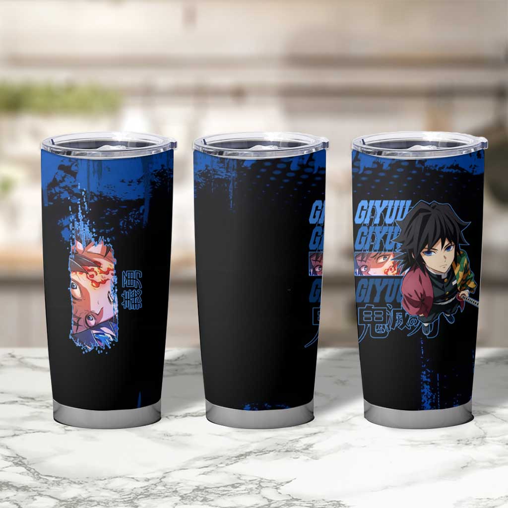 Giyu Tomioka Demon Slayer Blue Grunge Design Tumbler Cup with Intense Eyes and Sword Stance - The Mazicc