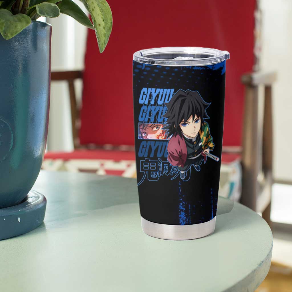 Giyu Tomioka Demon Slayer Blue Grunge Design Tumbler Cup with Intense Eyes and Sword Stance - The Mazicc