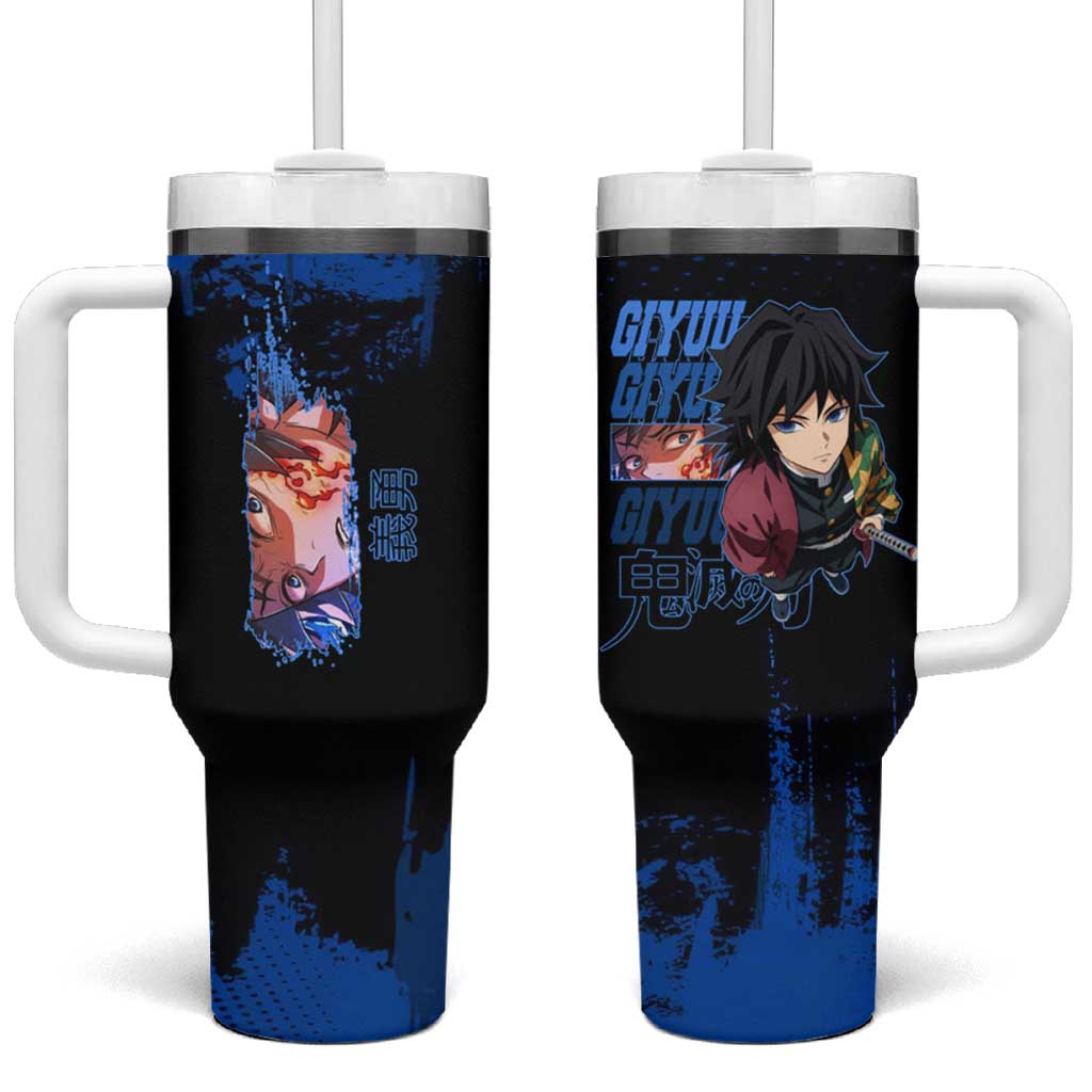 Giyu Tomioka Demon Slayer Blue Grunge Design Tumbler With Handle with Intense Eyes and Sword Stance - The Mazicc