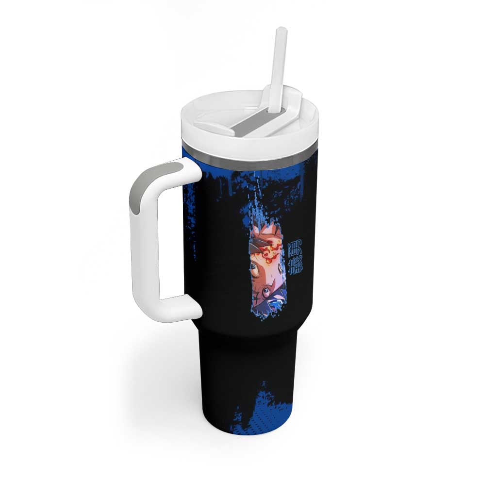 Giyu Tomioka Demon Slayer Blue Grunge Design Tumbler With Handle with Intense Eyes and Sword Stance - The Mazicc