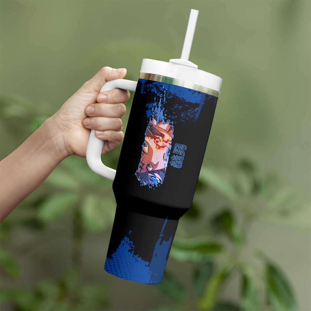 Giyu Tomioka Demon Slayer Blue Grunge Design Tumbler With Handle with Intense Eyes and Sword Stance - The Mazicc