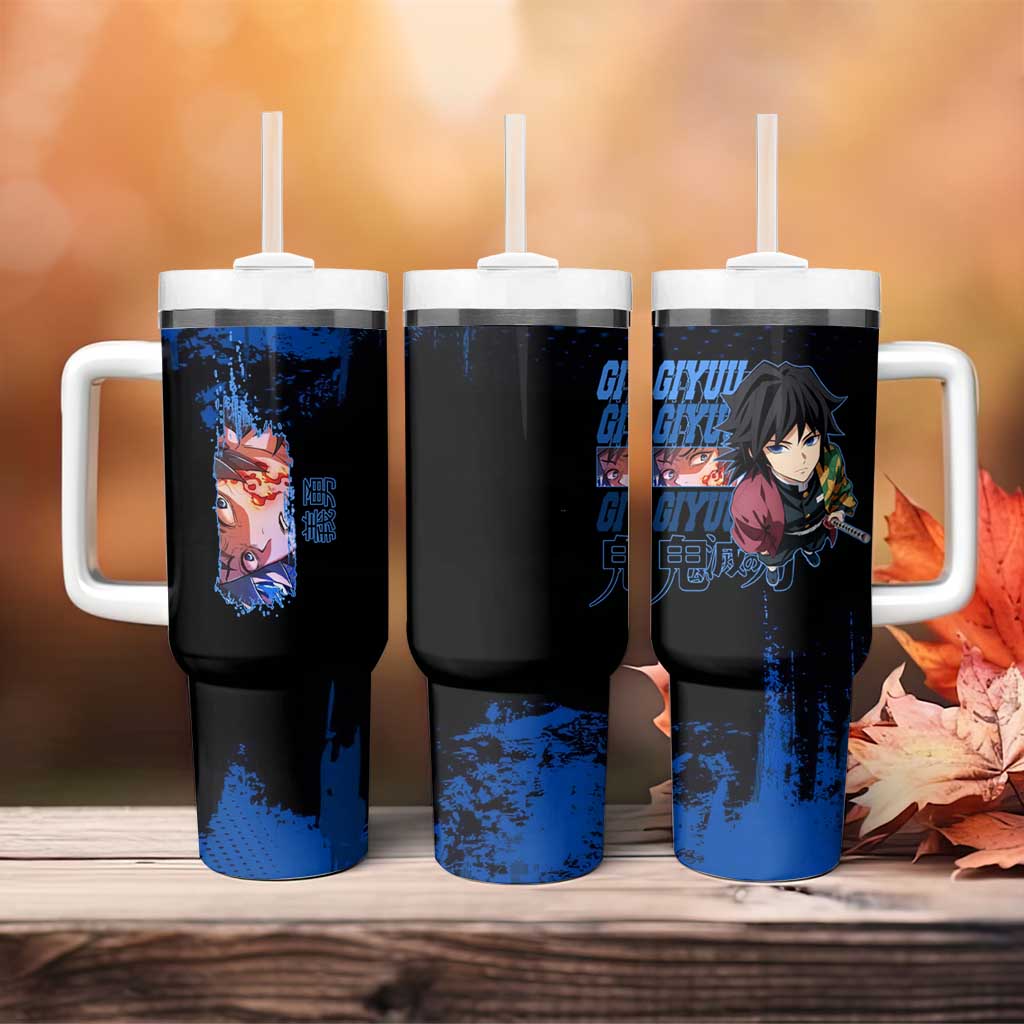 Giyu Tomioka Demon Slayer Blue Grunge Design Tumbler With Handle with Intense Eyes and Sword Stance - The Mazicc