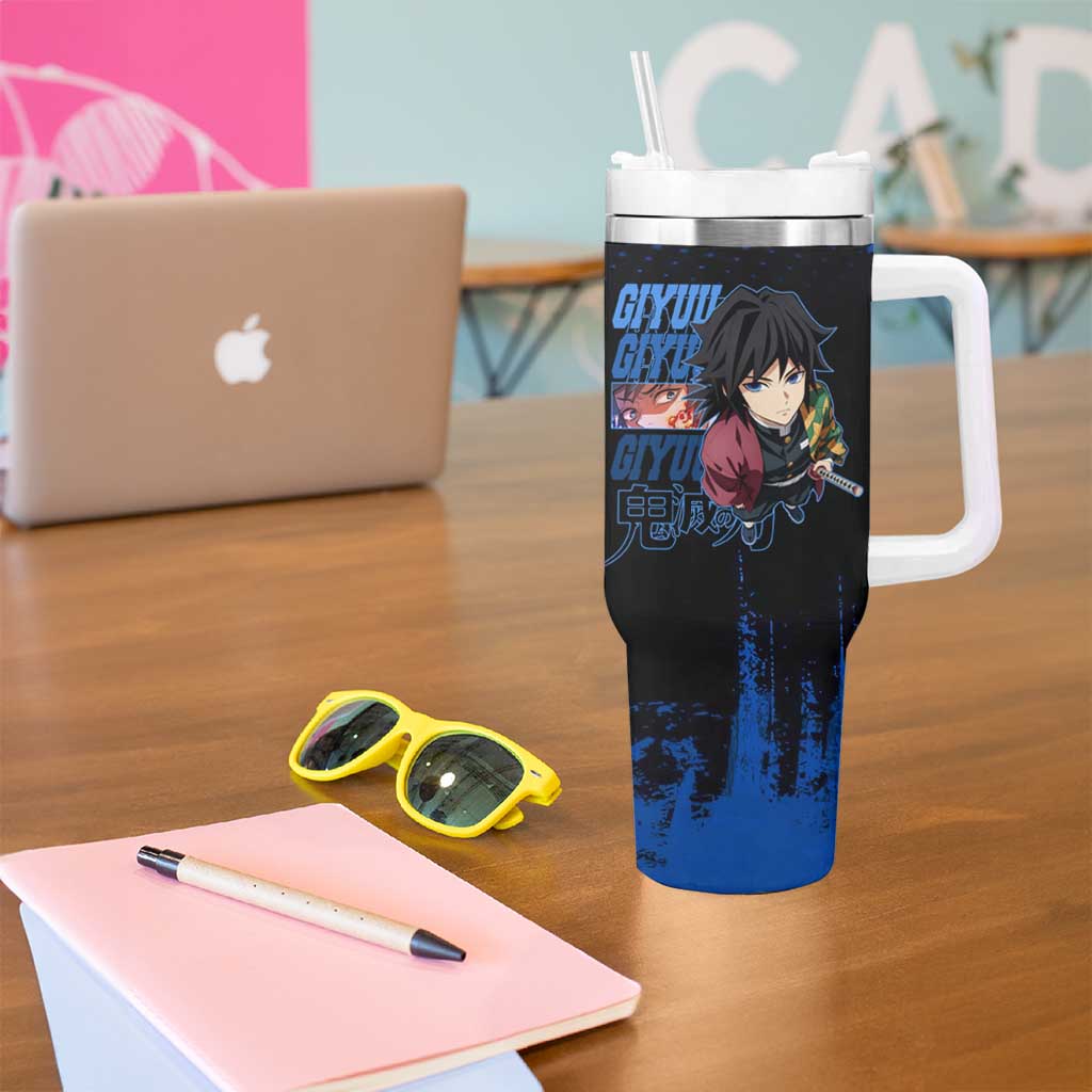 Giyu Tomioka Demon Slayer Blue Grunge Design Tumbler With Handle with Intense Eyes and Sword Stance - The Mazicc