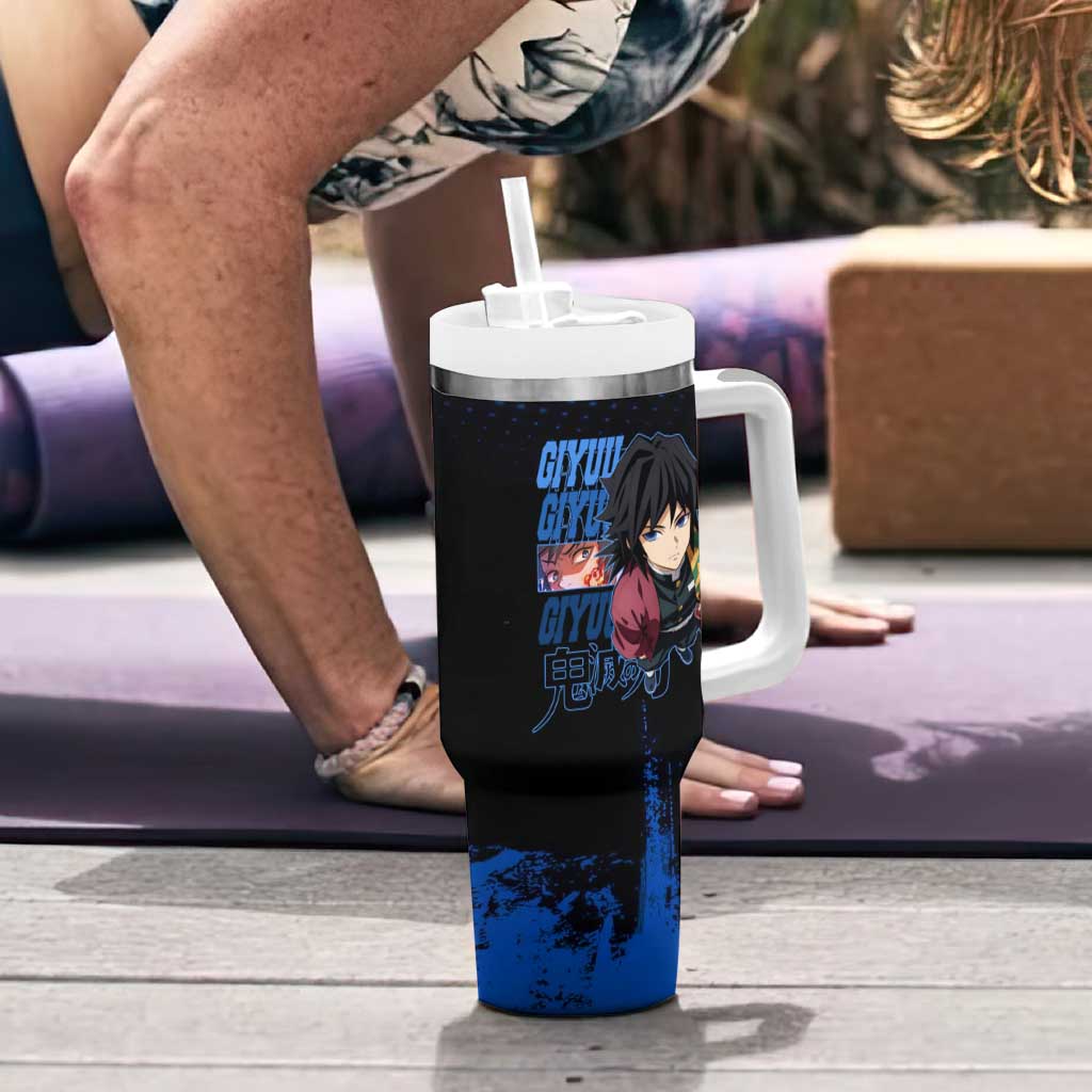 Giyu Tomioka Demon Slayer Blue Grunge Design Tumbler With Handle with Intense Eyes and Sword Stance - The Mazicc