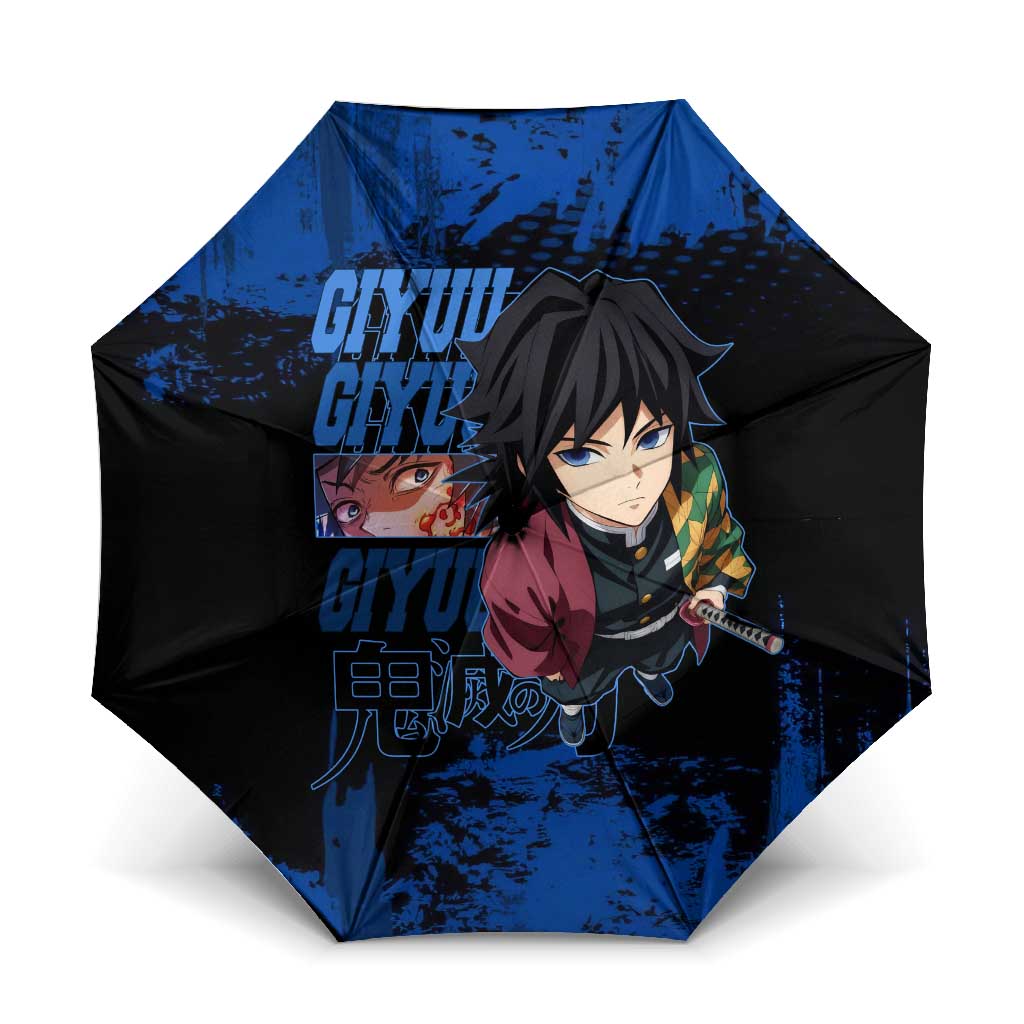 Giyu Tomioka Demon Slayer Blue Grunge Design Umbrella with Intense Eyes and Sword Stance - The Mazicc