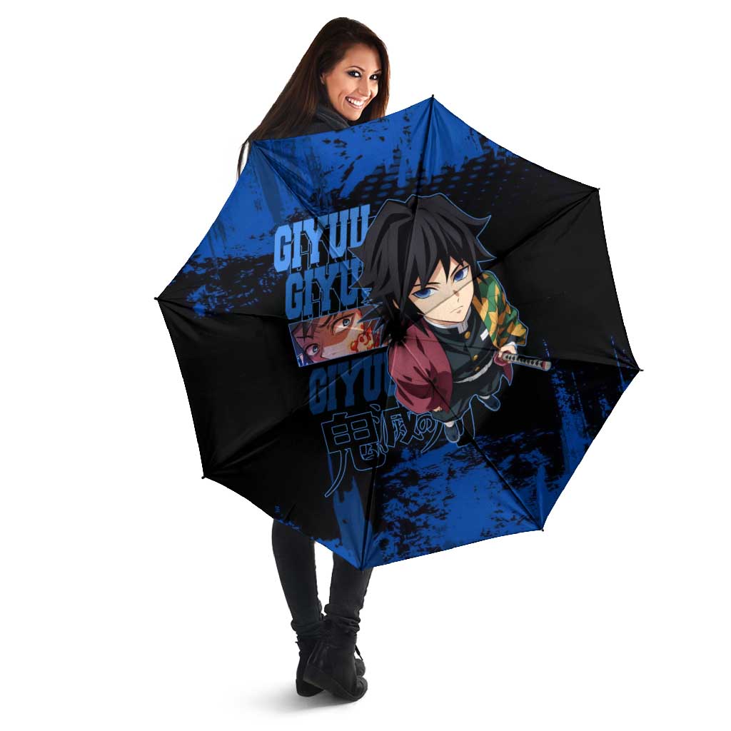 Giyu Tomioka Demon Slayer Blue Grunge Design Umbrella with Intense Eyes and Sword Stance - The Mazicc