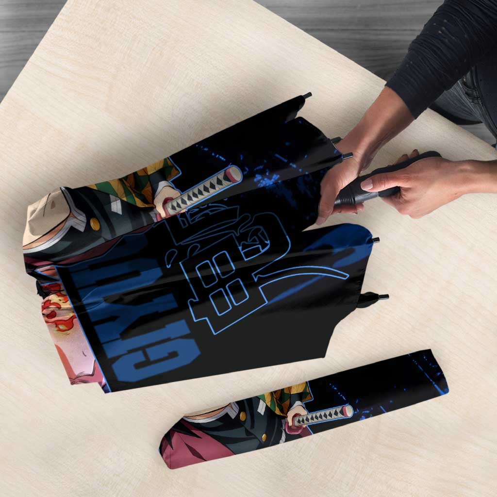 Giyu Tomioka Demon Slayer Blue Grunge Design Umbrella with Intense Eyes and Sword Stance - The Mazicc