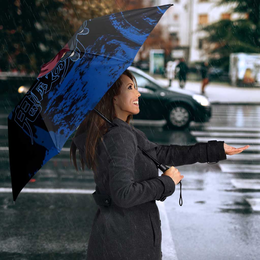 Giyu Tomioka Demon Slayer Blue Grunge Design Umbrella with Intense Eyes and Sword Stance - The Mazicc