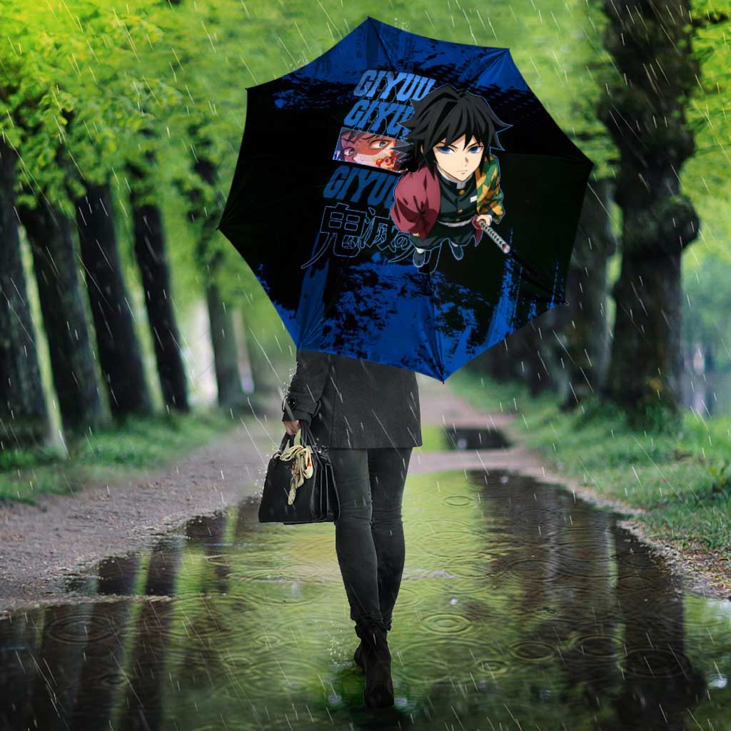 Giyu Tomioka Demon Slayer Blue Grunge Design Umbrella with Intense Eyes and Sword Stance - The Mazicc