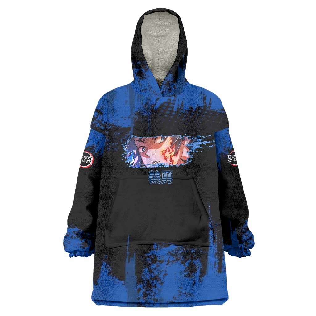 Giyu Tomioka Demon Slayer Blue Grunge Design Wearable Blanket Hoodie with Intense Eyes and Sword Stance - The Mazicc