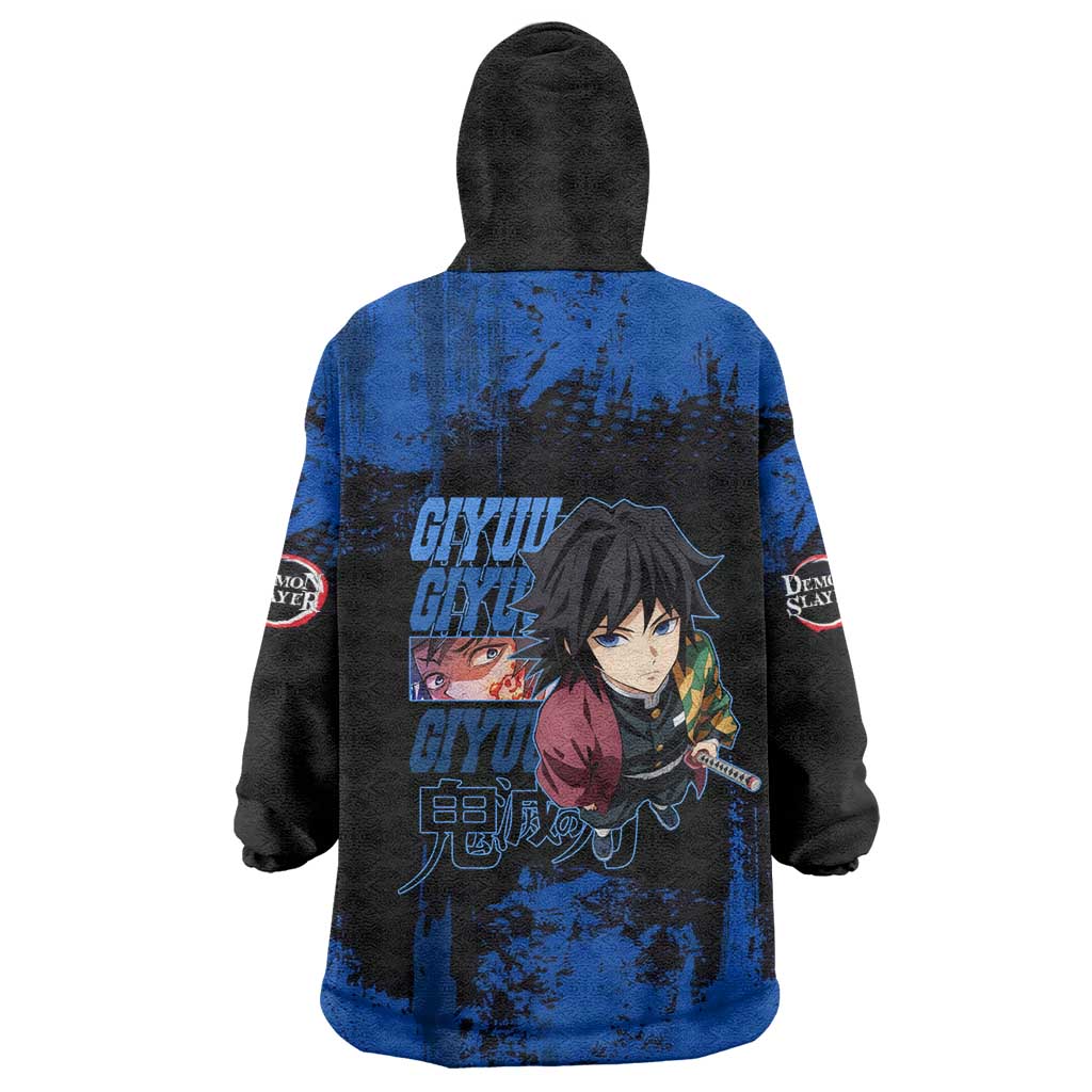 Giyu Tomioka Demon Slayer Blue Grunge Design Wearable Blanket Hoodie with Intense Eyes and Sword Stance - The Mazicc