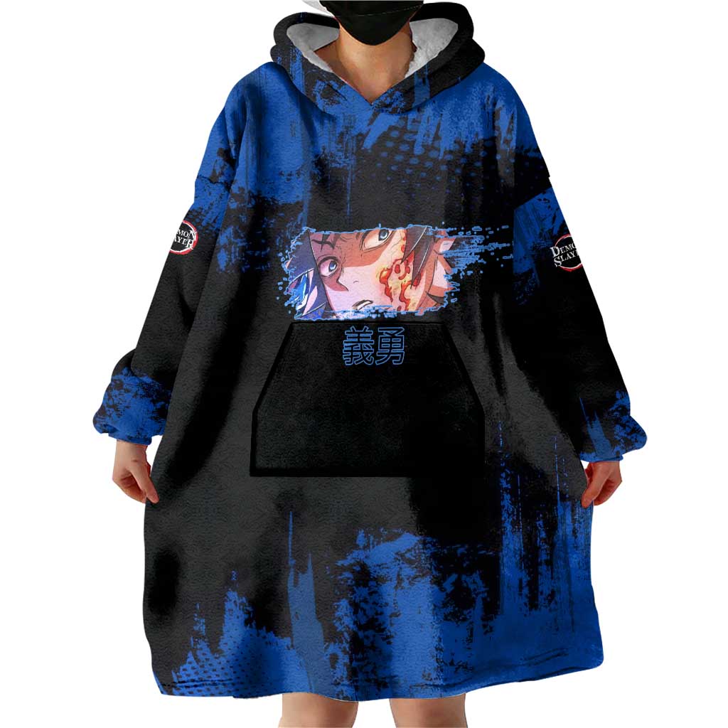 Giyu Tomioka Demon Slayer Blue Grunge Design Wearable Blanket Hoodie with Intense Eyes and Sword Stance - The Mazicc