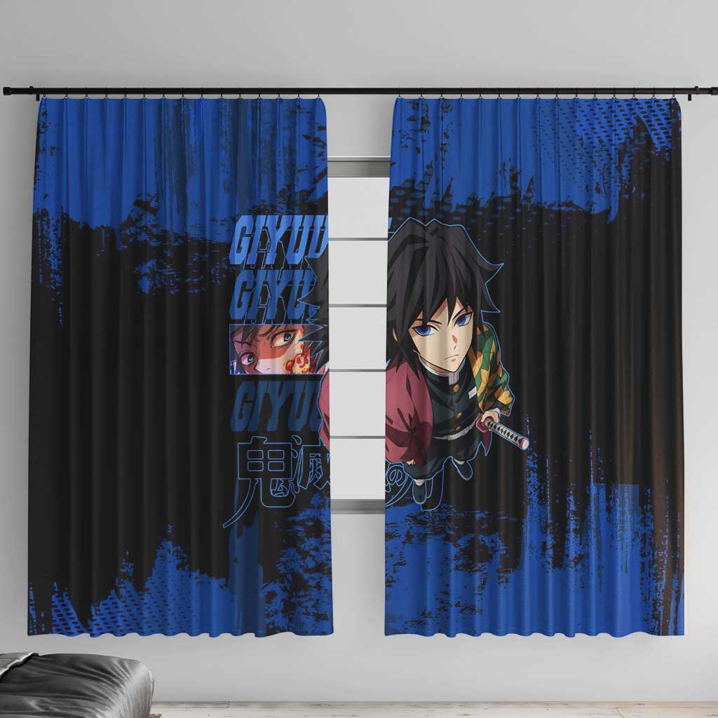 Giyu Tomioka Demon Slayer Blue Grunge Design Window Curtain with Intense Eyes and Sword Stance - The Mazicc
