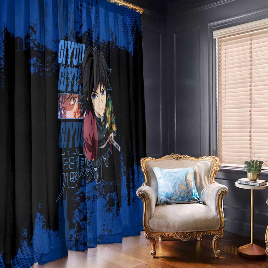 Giyu Tomioka Demon Slayer Blue Grunge Design Window Curtain with Intense Eyes and Sword Stance - The Mazicc