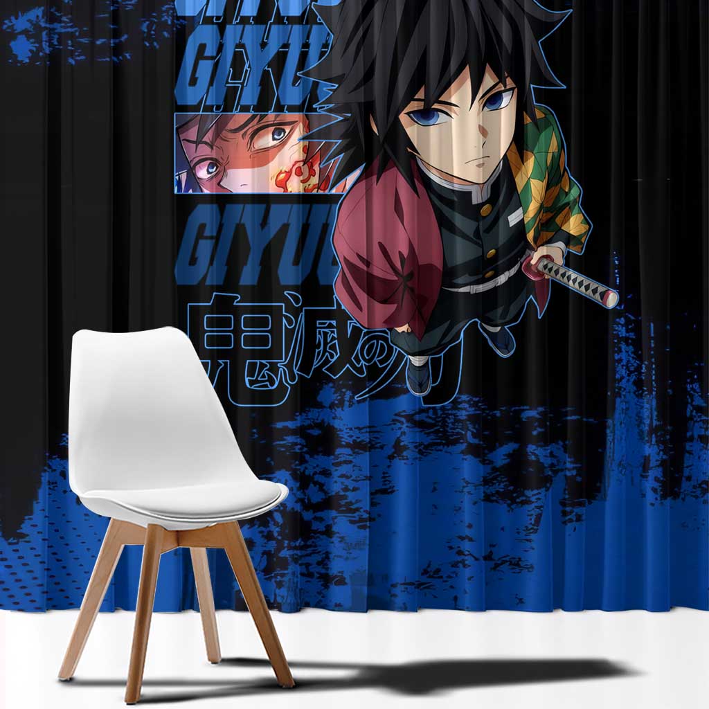 Giyu Tomioka Demon Slayer Blue Grunge Design Window Curtain with Intense Eyes and Sword Stance - The Mazicc