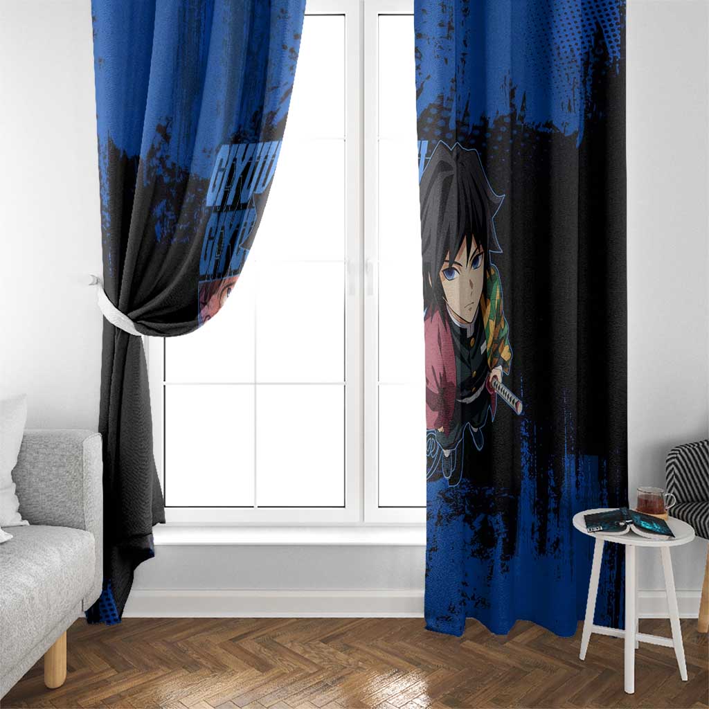 Giyu Tomioka Demon Slayer Blue Grunge Design Window Curtain with Intense Eyes and Sword Stance - The Mazicc