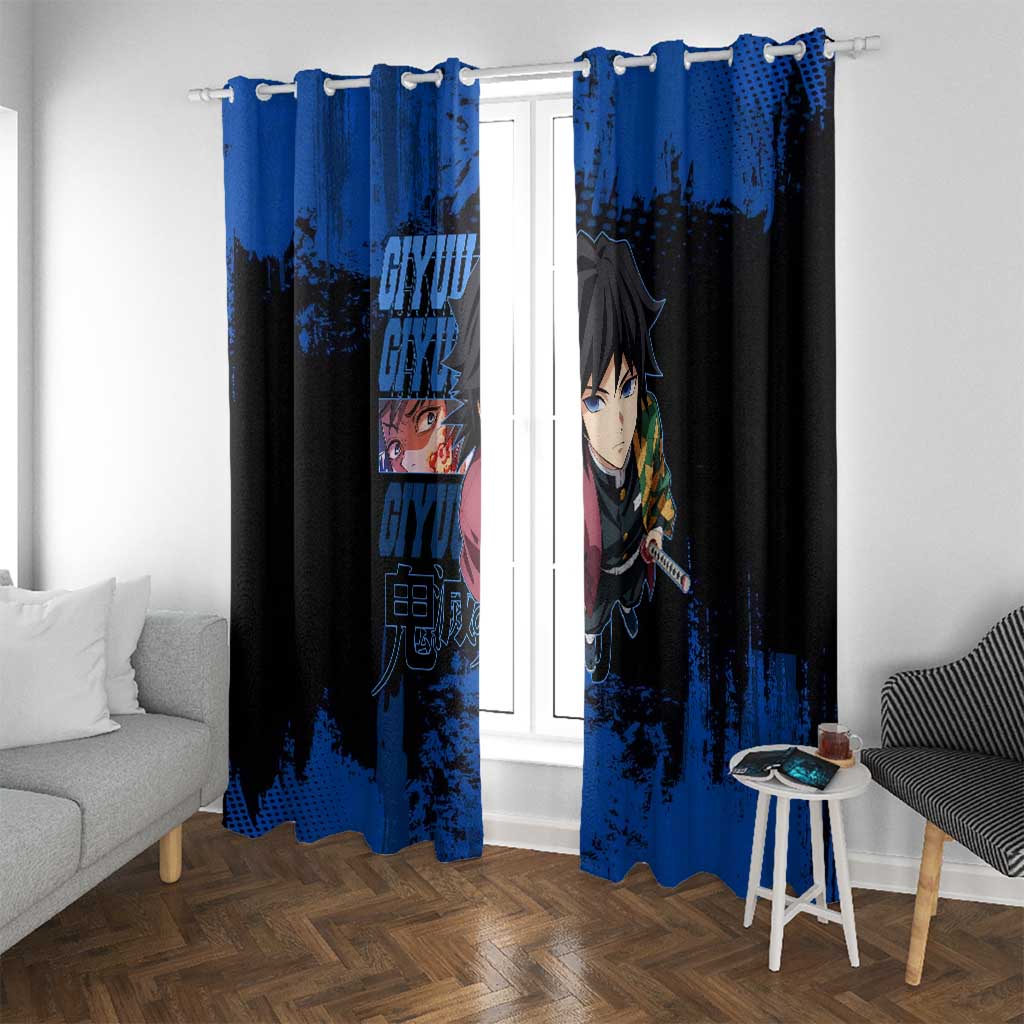 Giyu Tomioka Demon Slayer Blue Grunge Design Window Curtain with Intense Eyes and Sword Stance - The Mazicc