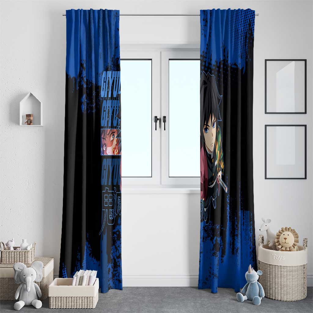 Giyu Tomioka Demon Slayer Blue Grunge Design Window Curtain with Intense Eyes and Sword Stance - The Mazicc