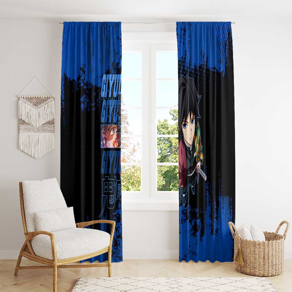 Giyu Tomioka Demon Slayer Blue Grunge Design Window Curtain with Intense Eyes and Sword Stance - The Mazicc