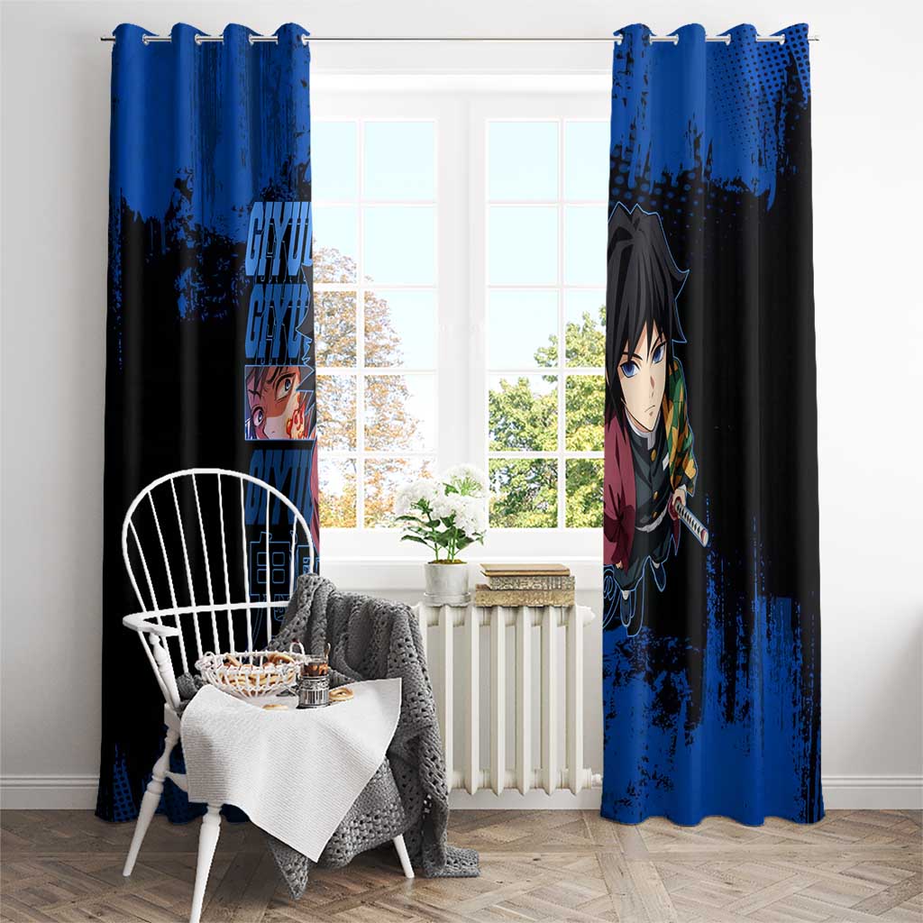 Giyu Tomioka Demon Slayer Blue Grunge Design Window Curtain with Intense Eyes and Sword Stance - The Mazicc
