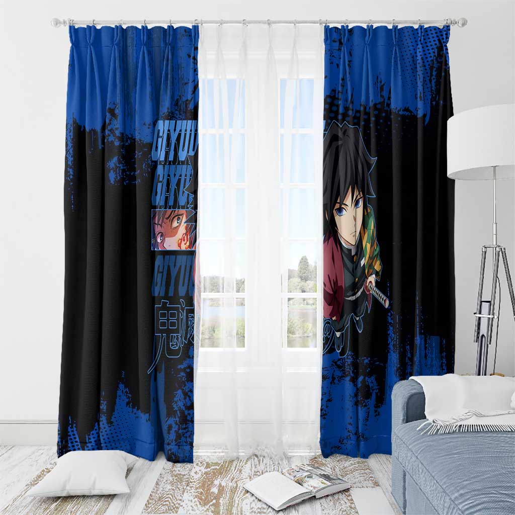 Giyu Tomioka Demon Slayer Blue Grunge Design Window Curtain with Intense Eyes and Sword Stance - The Mazicc