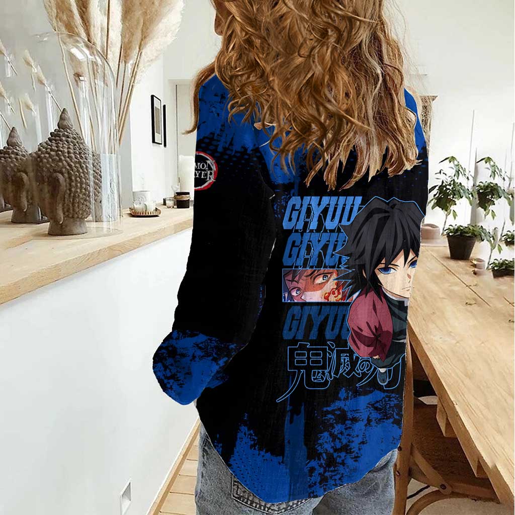 Giyu Tomioka Demon Slayer Blue Grunge Design Women Casual Shirt with Intense Eyes and Sword Stance - The Mazicc