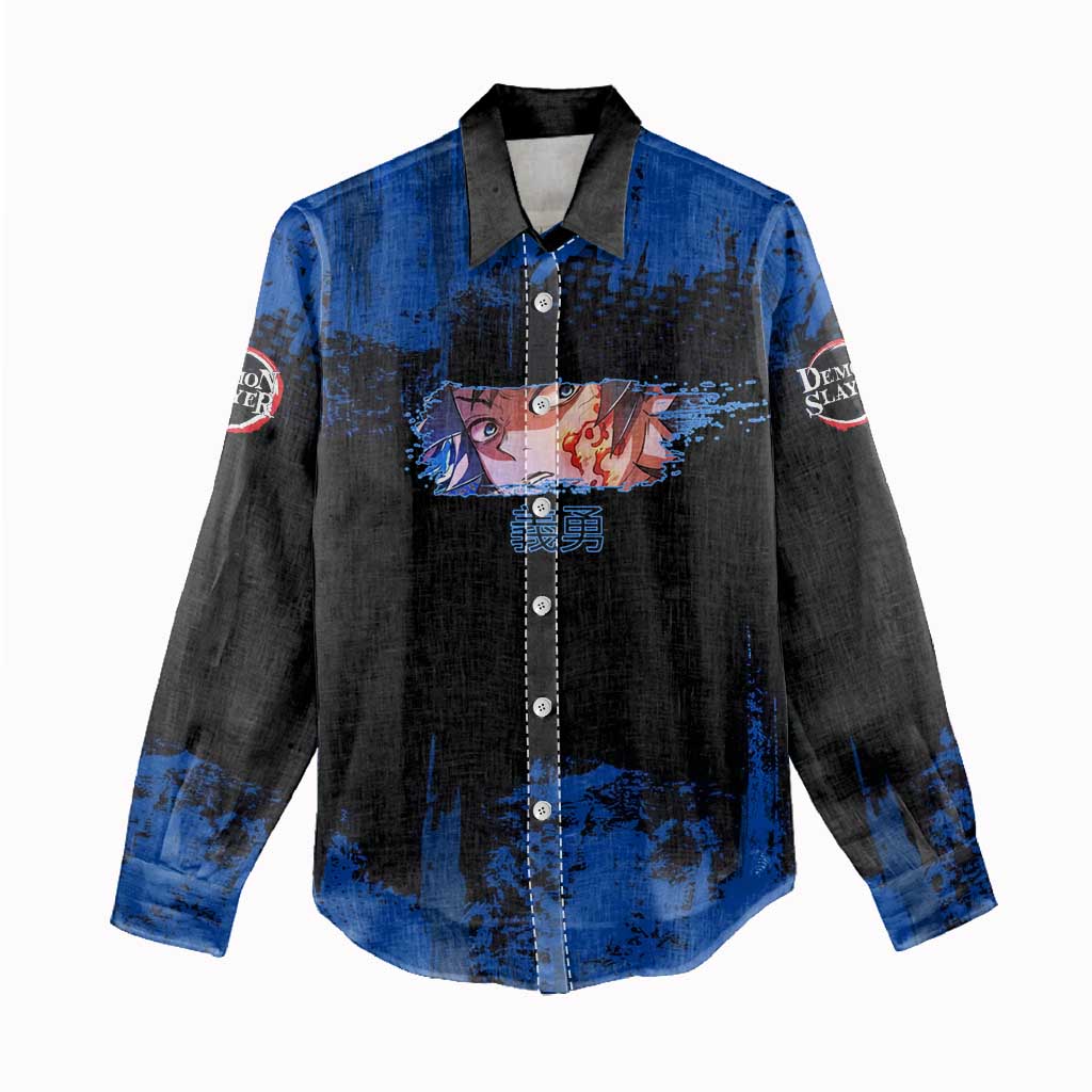 Giyu Tomioka Demon Slayer Blue Grunge Design Women Casual Shirt with Intense Eyes and Sword Stance - The Mazicc