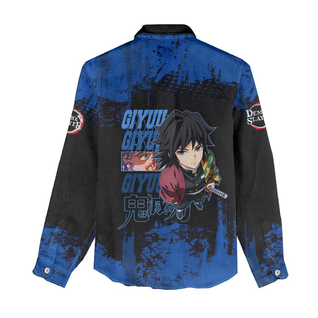 Giyu Tomioka Demon Slayer Blue Grunge Design Women Casual Shirt with Intense Eyes and Sword Stance - The Mazicc