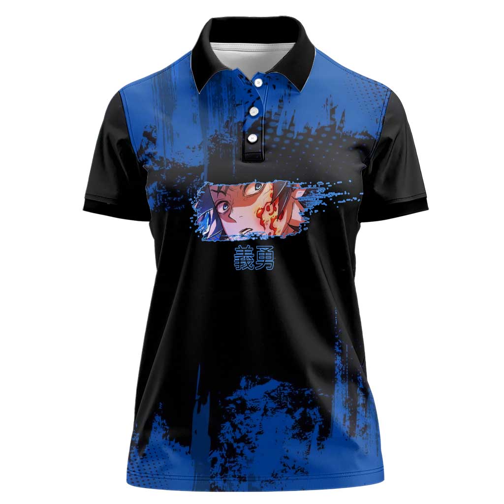 Giyu Tomioka Demon Slayer Blue Grunge Design Women Polo Shirt with Intense Eyes and Sword Stance - The Mazicc
