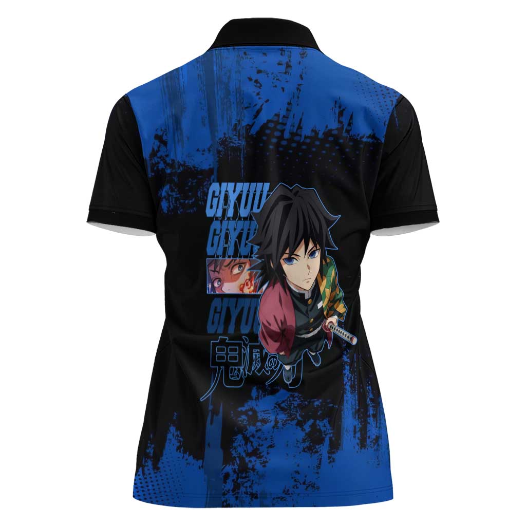 Giyu Tomioka Demon Slayer Blue Grunge Design Women Polo Shirt with Intense Eyes and Sword Stance - The Mazicc