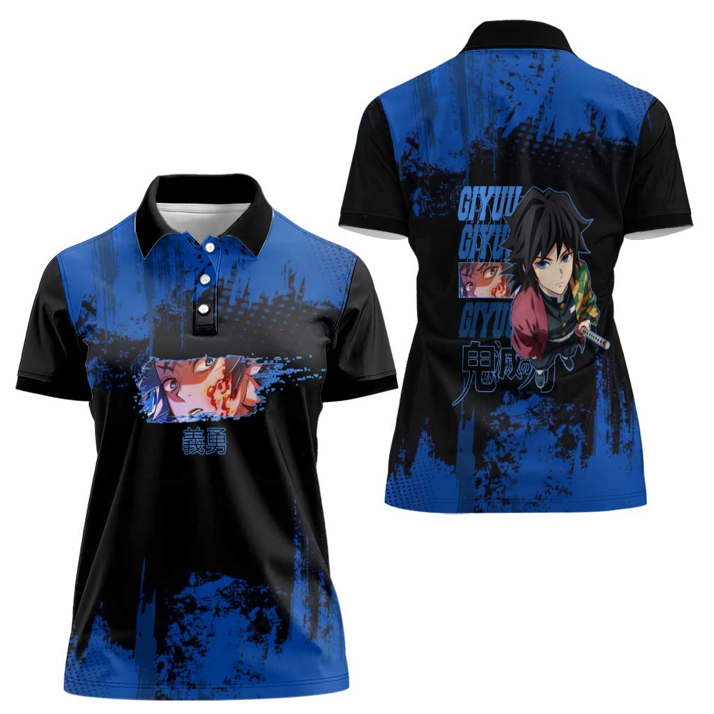 Giyu Tomioka Demon Slayer Blue Grunge Design Women Polo Shirt with Intense Eyes and Sword Stance - The Mazicc
