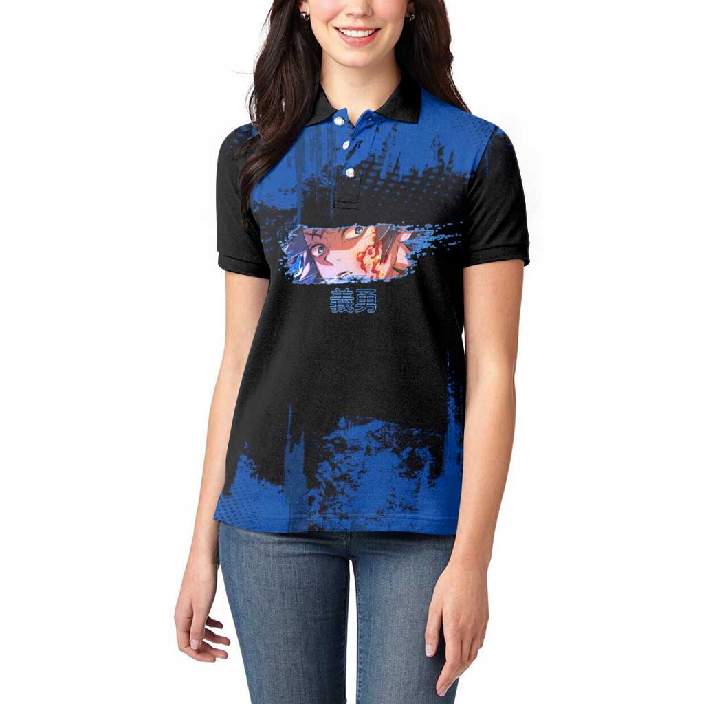 Giyu Tomioka Demon Slayer Blue Grunge Design Women Polo Shirt with Intense Eyes and Sword Stance - The Mazicc