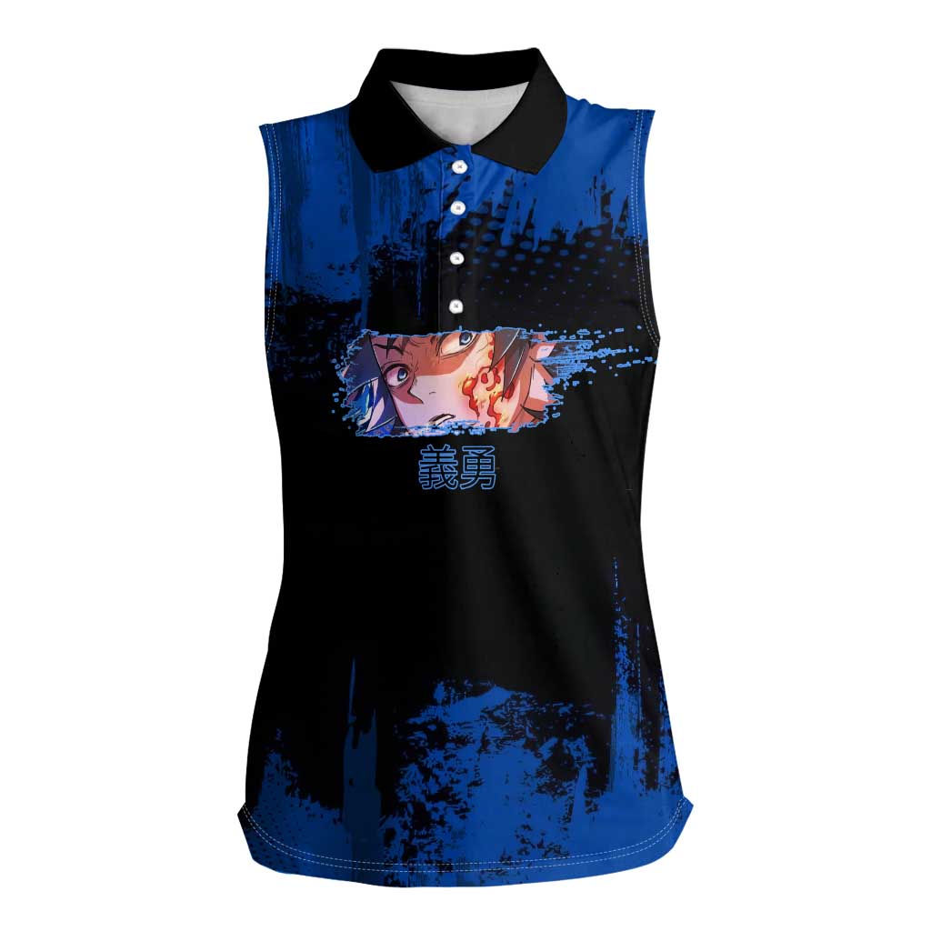 Giyu Tomioka Demon Slayer Blue Grunge Design Women Sleeveless Polo Shirt with Intense Eyes and Sword Stance - The Mazicc
