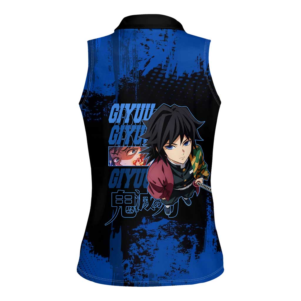 Giyu Tomioka Demon Slayer Blue Grunge Design Women Sleeveless Polo Shirt with Intense Eyes and Sword Stance - The Mazicc