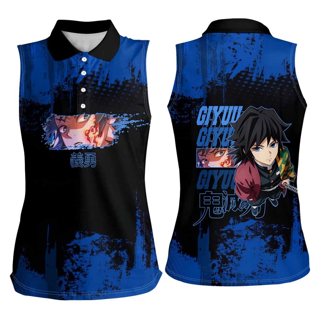 Giyu Tomioka Demon Slayer Blue Grunge Design Women Sleeveless Polo Shirt with Intense Eyes and Sword Stance - The Mazicc