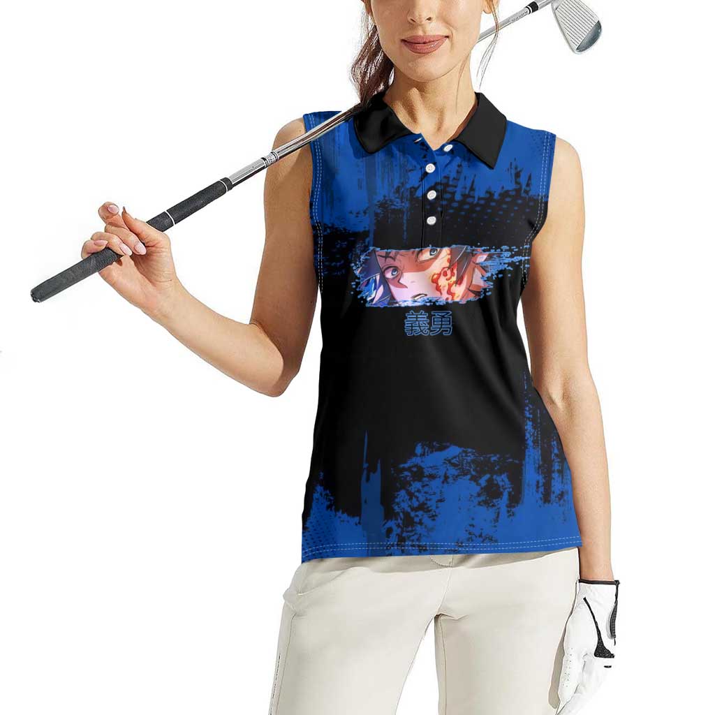Giyu Tomioka Demon Slayer Blue Grunge Design Women Sleeveless Polo Shirt with Intense Eyes and Sword Stance - The Mazicc