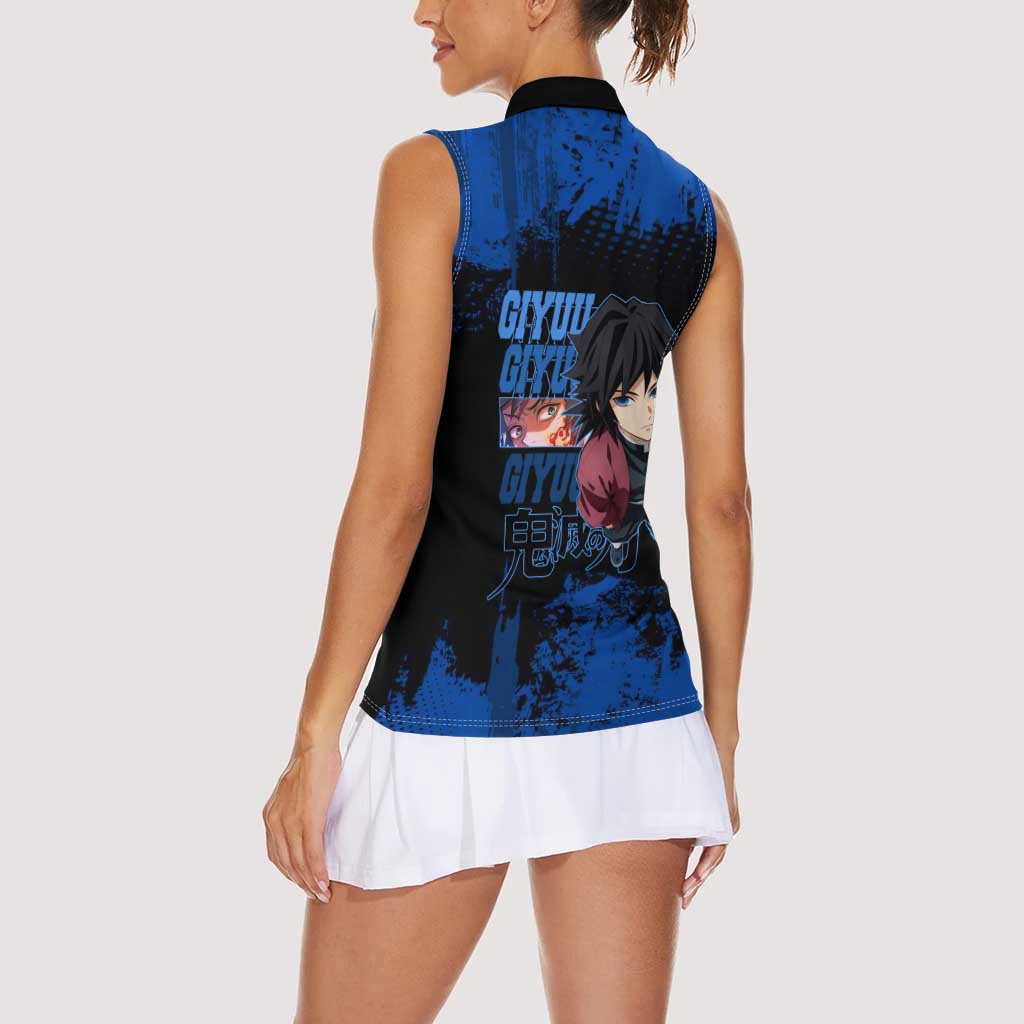 Giyu Tomioka Demon Slayer Blue Grunge Design Women Sleeveless Polo Shirt with Intense Eyes and Sword Stance - The Mazicc