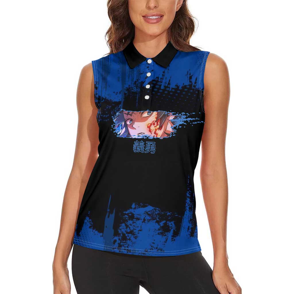 Giyu Tomioka Demon Slayer Blue Grunge Design Women Sleeveless Polo Shirt with Intense Eyes and Sword Stance - The Mazicc