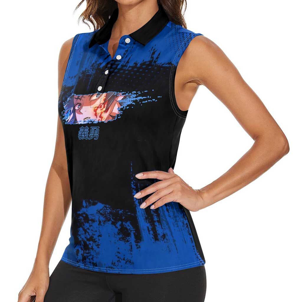 Giyu Tomioka Demon Slayer Blue Grunge Design Women Sleeveless Polo Shirt with Intense Eyes and Sword Stance - The Mazicc