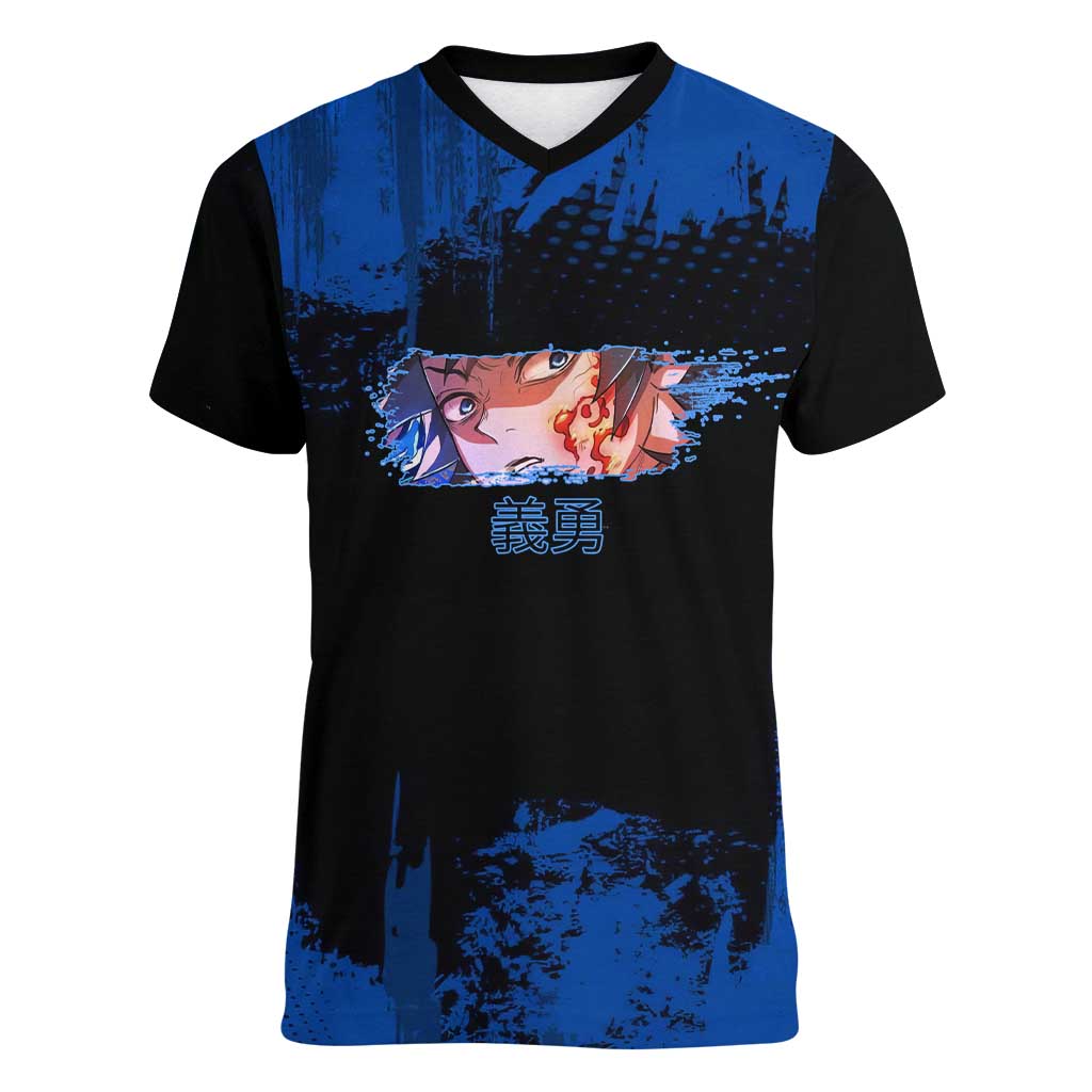 Giyu Tomioka Demon Slayer Blue Grunge Design Women V-Neck T-Shirt with Intense Eyes and Sword Stance - The Mazicc