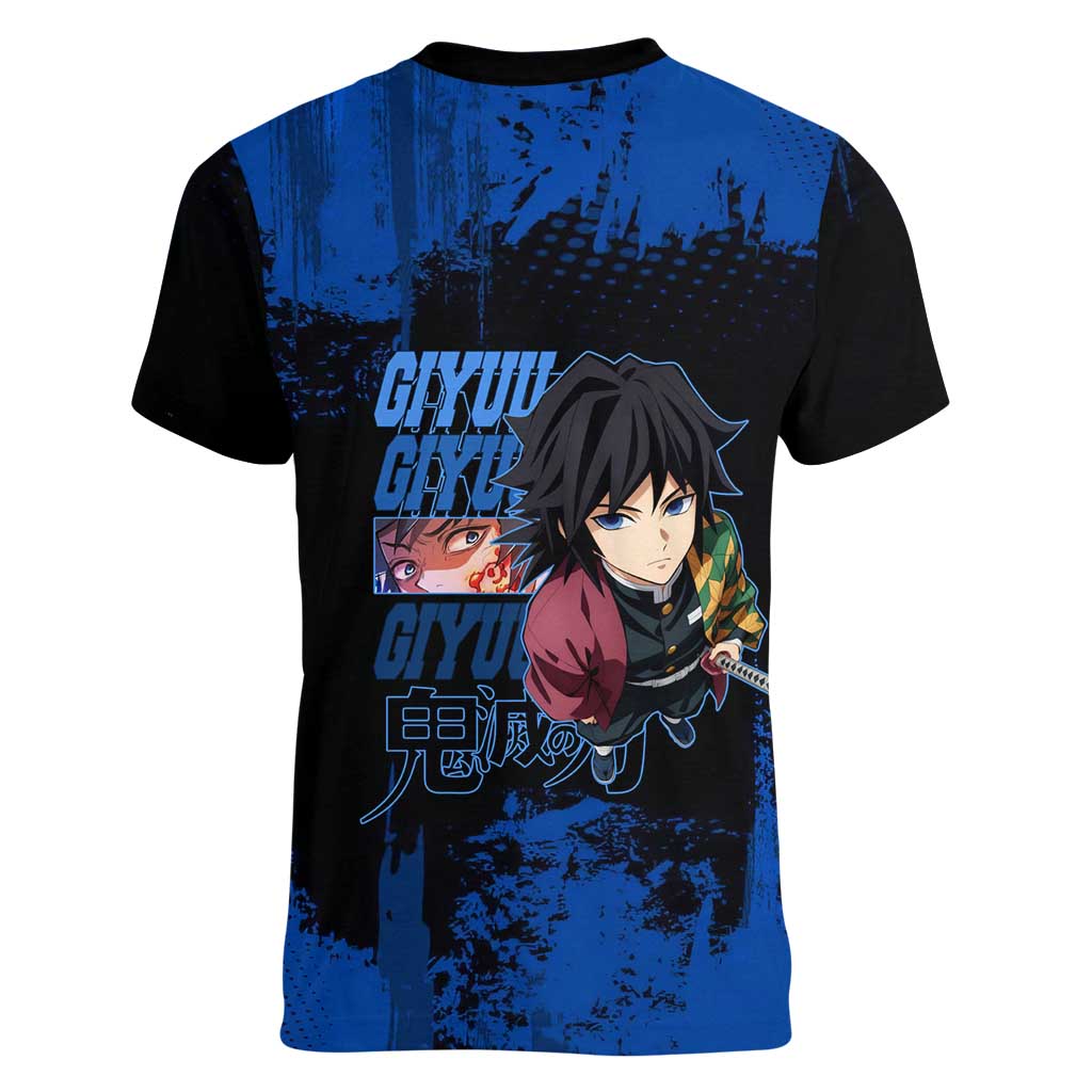 Giyu Tomioka Demon Slayer Blue Grunge Design Women V-Neck T-Shirt with Intense Eyes and Sword Stance - The Mazicc