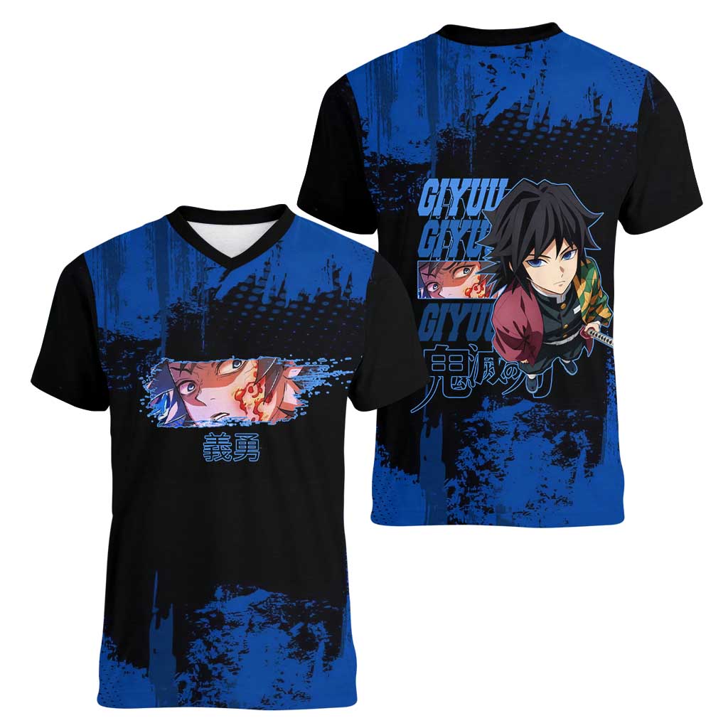 Giyu Tomioka Demon Slayer Blue Grunge Design Women V-Neck T-Shirt with Intense Eyes and Sword Stance - The Mazicc