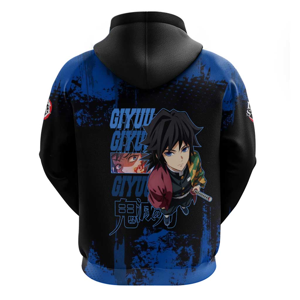 Giyu Tomioka Demon Slayer Blue Grunge Design Zip Hoodie with Intense Eyes and Sword Stance - The Mazicc